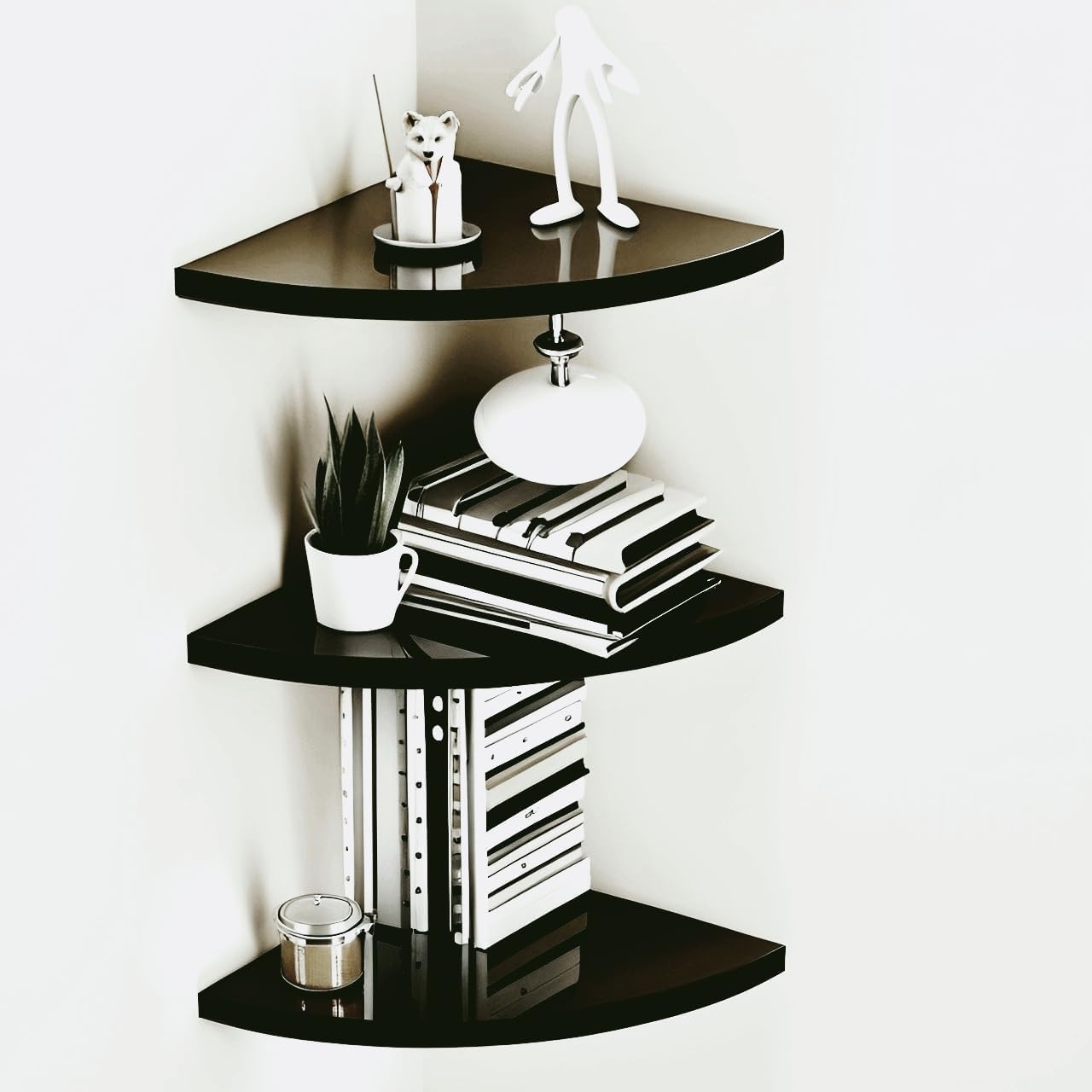 Corner Floating Shelves, 3-Tier Wall Mount Display Storage Rack, Wood Organizer for Living Room, Bedroom (Black)