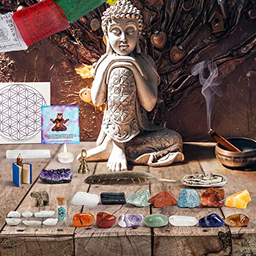 DANCING BEAR Deluxe Healing Crystals (35 Pc Set) Altar & Meditation Kit, Chakra Balance Stones, Abalone Shell & Sage, Smudge Feather, Real Turquoise, Spirit Animal, Bell, Prayer Flag, Made in USA