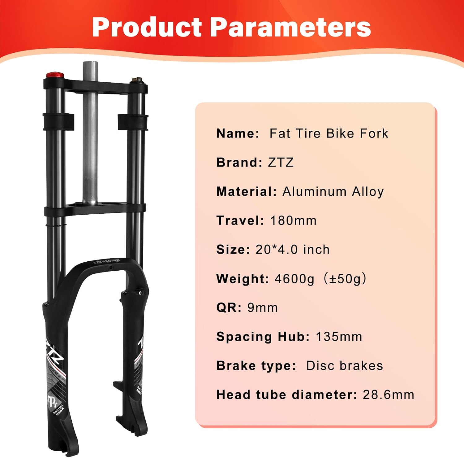 ZTZ 20 * 4.0 inch Fat Tire Oil Spring Suspension Fork - 180mm Travel, 135mm Spacing Hub, 9mm QR, Double Crown Shock Front Fork, Fit for Fat Snow Beach Ebikes