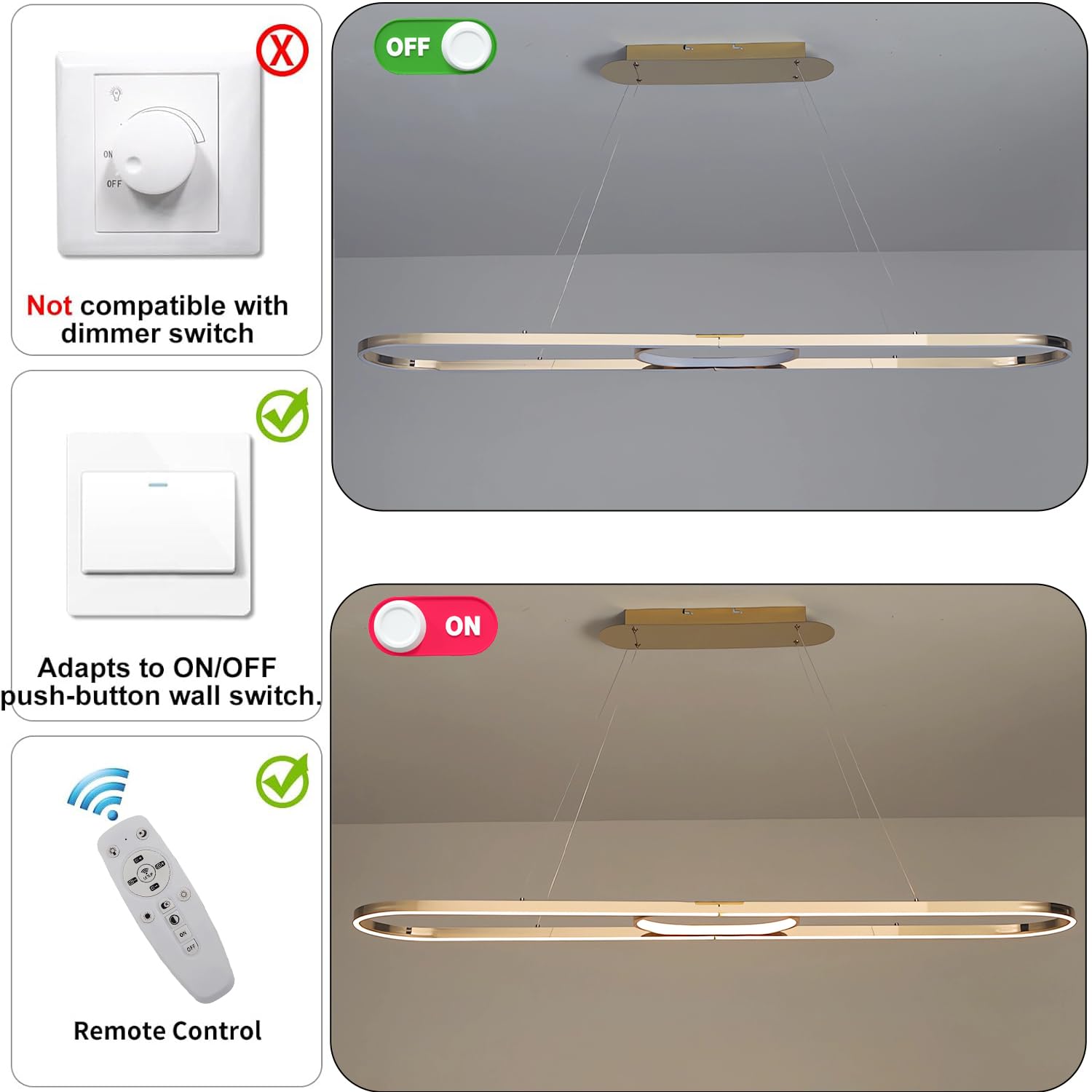 Moderne Chrom LED-Pendelleuchte,dimmbare lineare Esstisch-Kronleuchte 75W 3000K-6000K,ferngesteuerte verstellbare Luxus-Oval-Aluminium-Leuchte,Hängelampe für Kücheninsel,Esszimmer Büro (Gold, L120cm)