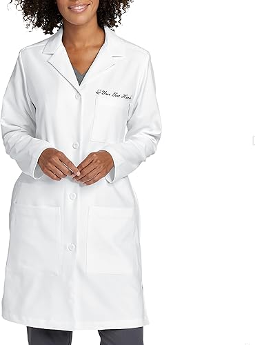 Abrigo de laboratorio bordado personalizado para mujer con icono y nombre de especialidad médica, texto, 13 colores de hilos, 3 bolsillos y manga