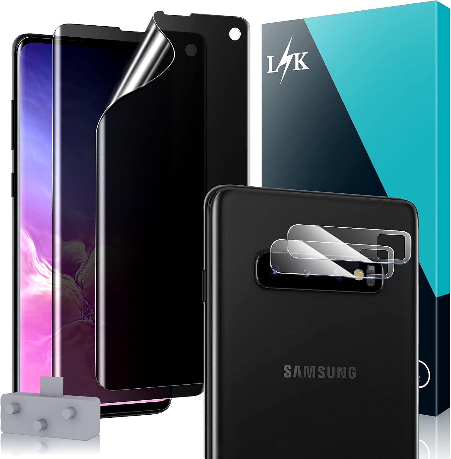 [2+2 Pack] LϟK Compatible for Samsung Galaxy S10, 2 Pack Flexible TPU Privacy Screen Protector and 2 Pack Camera Lens Protector [Touch Sensitive] New Version Easy Installation
