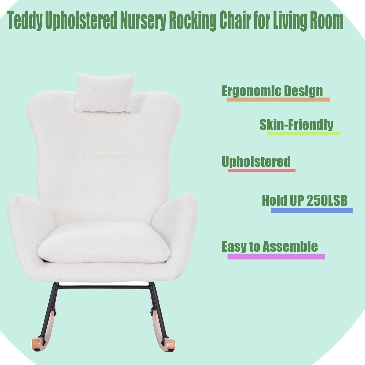 Nursery Rocking Chair for Adults,Teddy Upholstered Ergonomic Glider Rocker Chair with High Backrest Sturdy Steel & Wood Frame Easy Assembly Ideal for Living Room & Small Spaces (White)