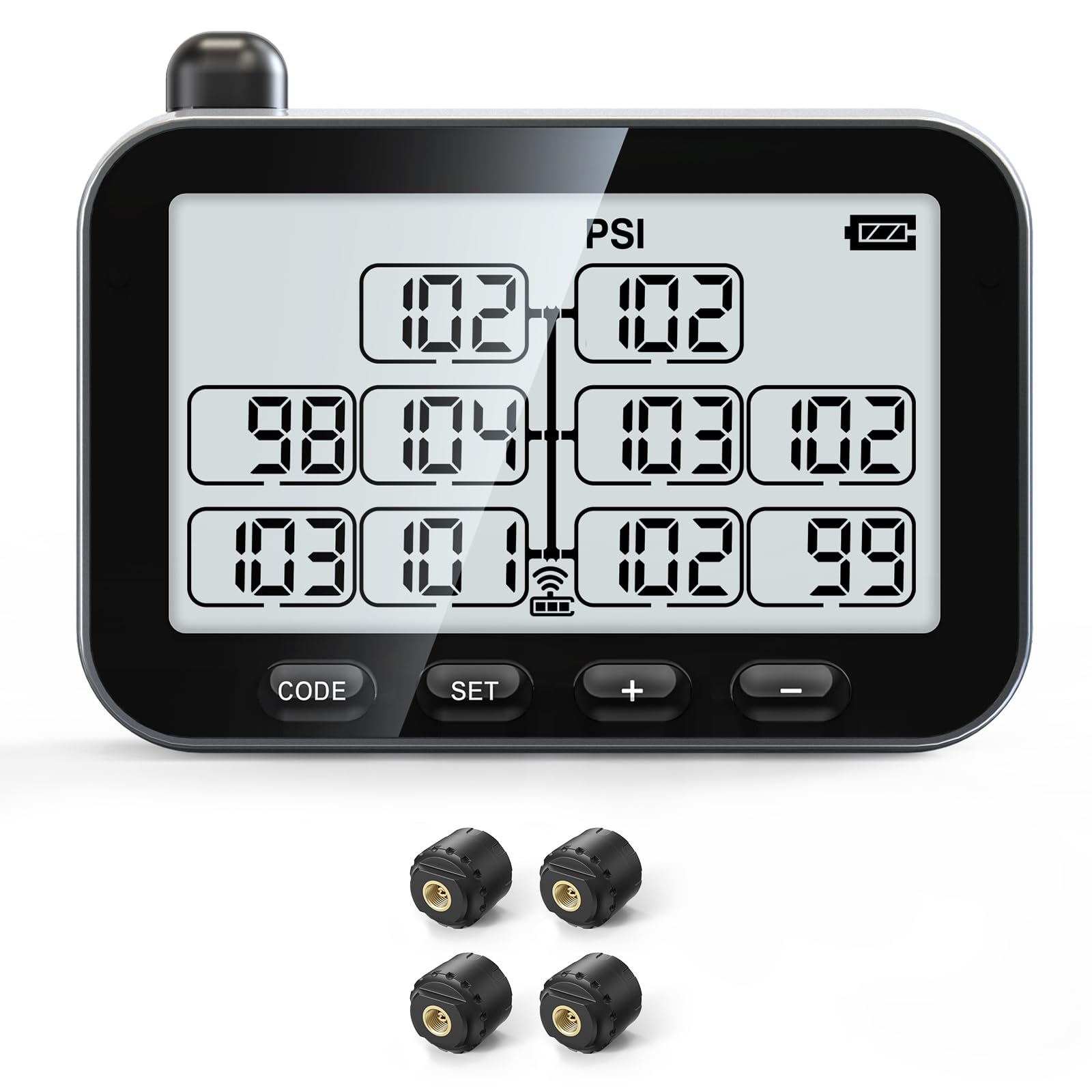 GUTA Trailer Tire Pressure Monitoring System - RV TPMS, 4 Sensors, 6 Alert Modes, Power Saving Display, Long Sensing Distance, Without Repeater, for Maximum 3 Trailers (T1/T2/T3), for Camper, RVs