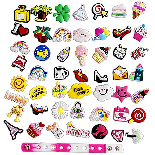 50pcs Rainbow Shoe Charms Decoration for Croc Shoes with 1pcs Wristband for Bracelet Boy Girls Party Favors Birthday Gifts