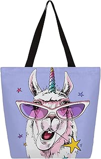 Sacola de lona para mulheres, óculos de sol de lhama de animal legal, sacolas grandes para homens com bolsos, sacolas de compras resistentes, sacolas de compras reutilizáveis, bolsa de ombro casual para escola, trabalho, praia, Multicor