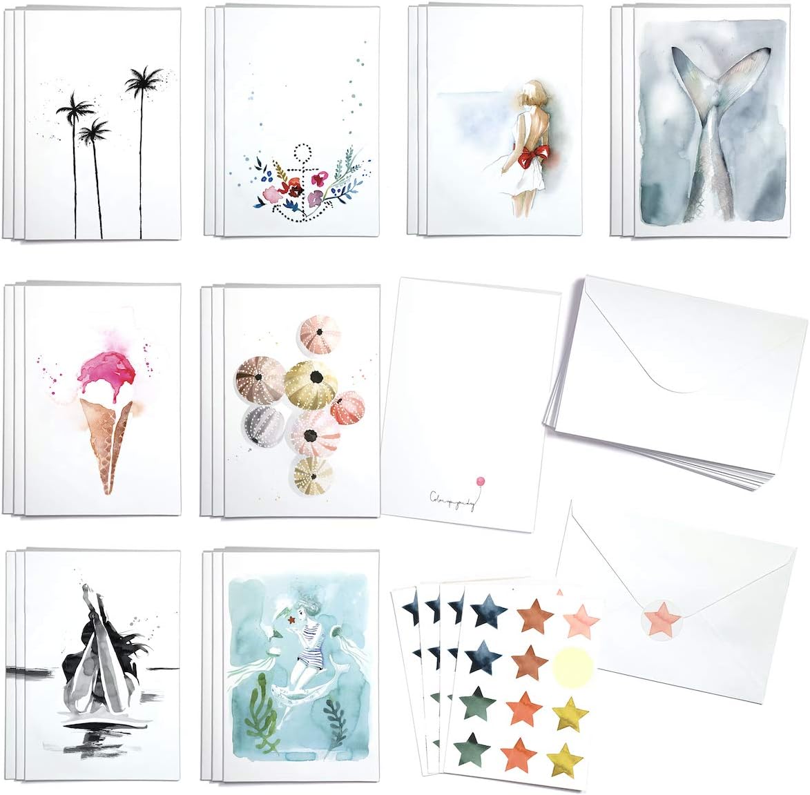 Cute Holiday Memories Greeting Cards Box of 24 cards with Envelopes and Seal Stickers. Watercolour painted by Blule. All Occasion Blank Thank you cards, Appreciation, Birthday, Sympathy