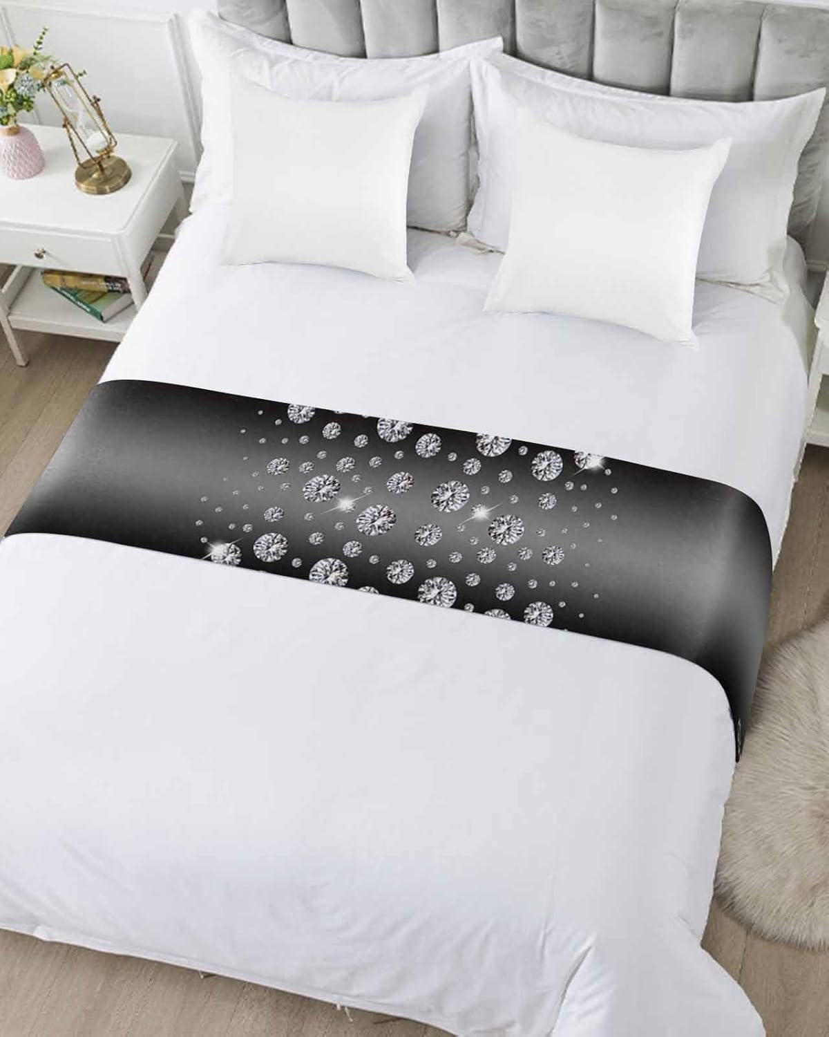 Luxurious Diamond Crystal Bed Runner Scarf Cal King Size,Luxury Bed Throw Runners & Scarves for Twin Full Queen King Foot of Bed,Bedroom Wedding Room Decoration,Starry Abstract Geometric Grey 102"x20"