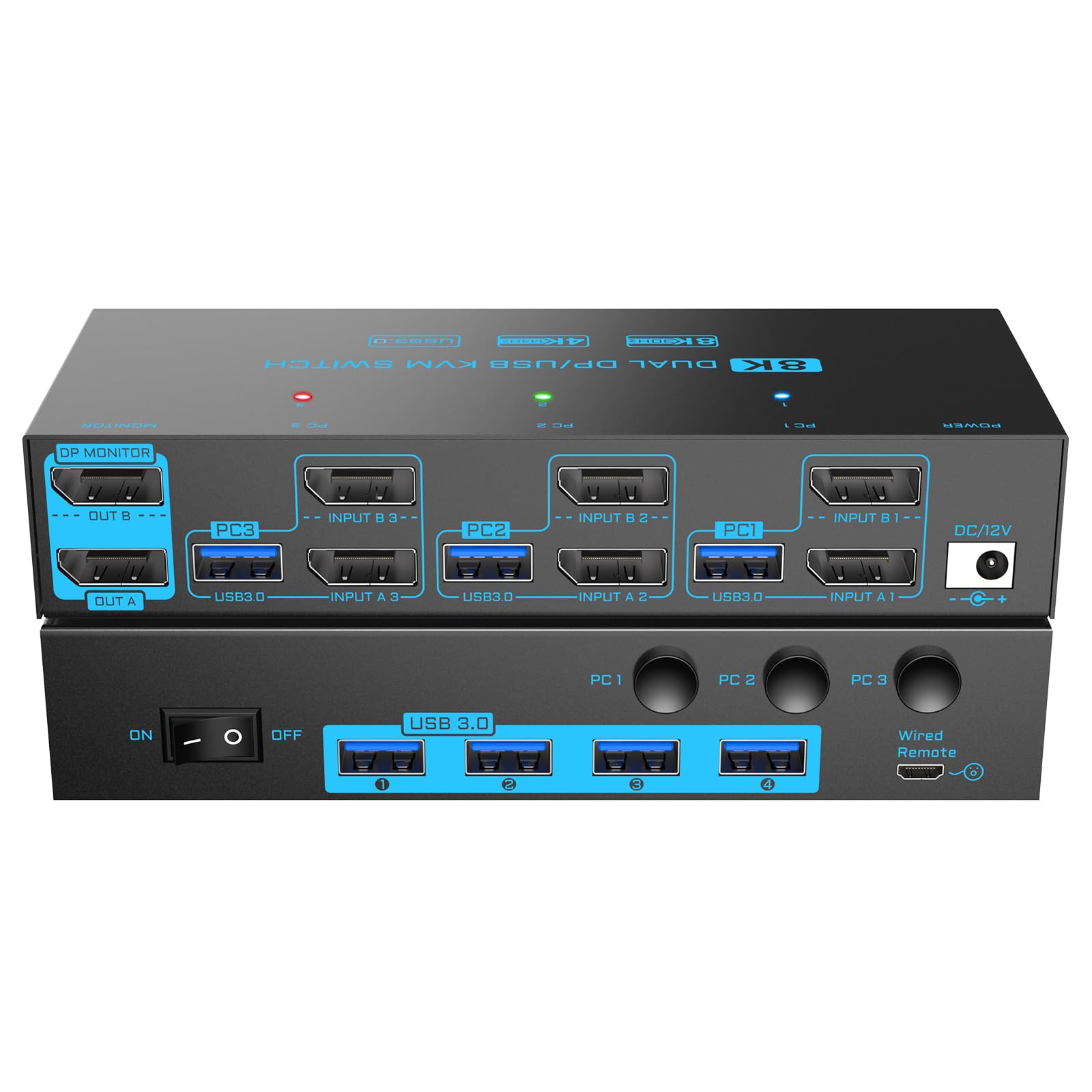 8K/4K Displayport 1.4 KVM Switch 2 Monitors 3 Computers Dual Monitor 8K@30Hz/4K@144Hz 3 Port Dual DP1.4 USB 3.0 KVM Switches 3 PCs Share 2 Monitors & 4 USB 3.0 Devices with Desktop Controller-picture-26