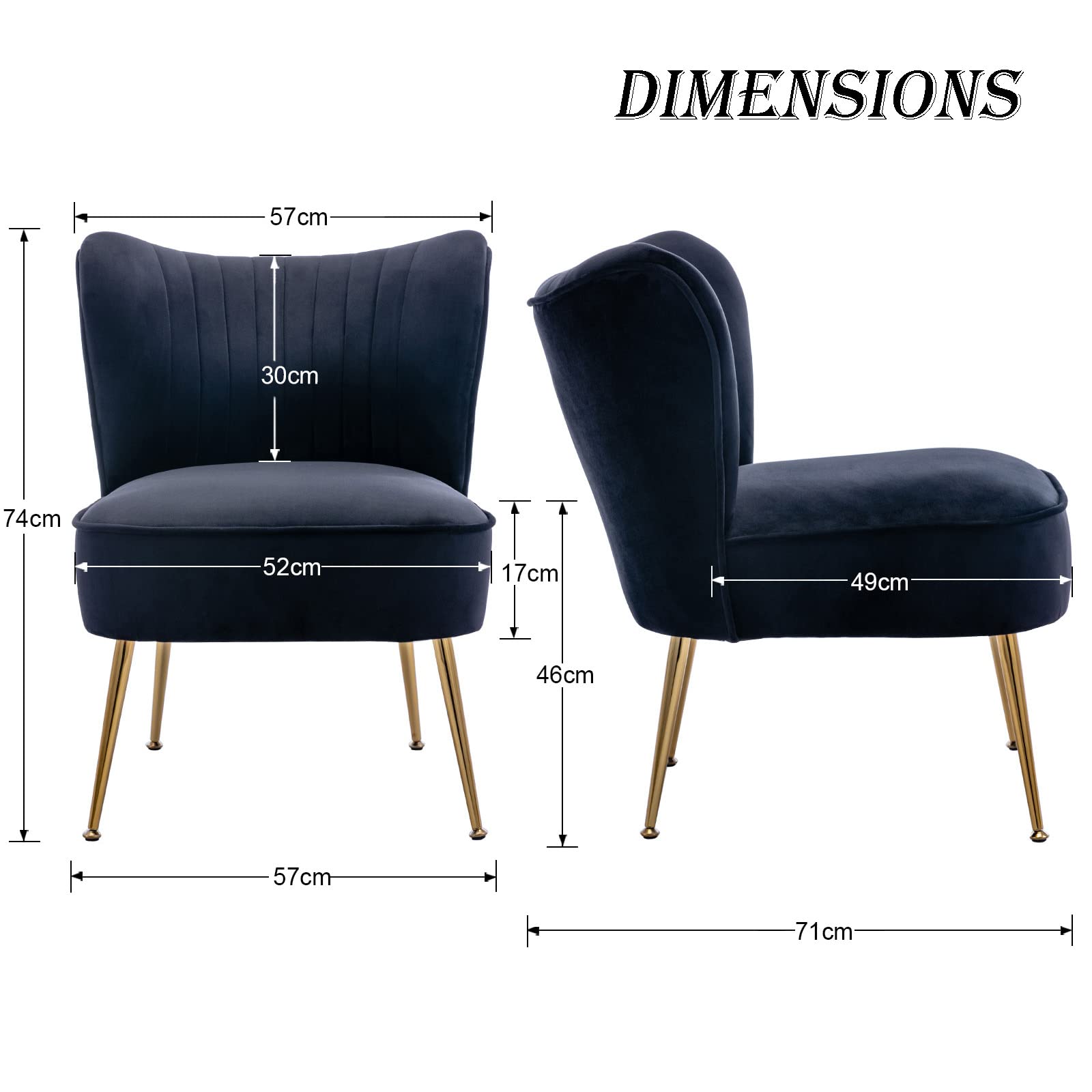 chairus Fauteuil Salon Velours Chaise Rembourrée Pieds Doré, Noir | Canapé 1 Place Fauteuil Scandinave Dossier Comfortable Siège Épais Pieds Métal pour Chambre Salon Appartement