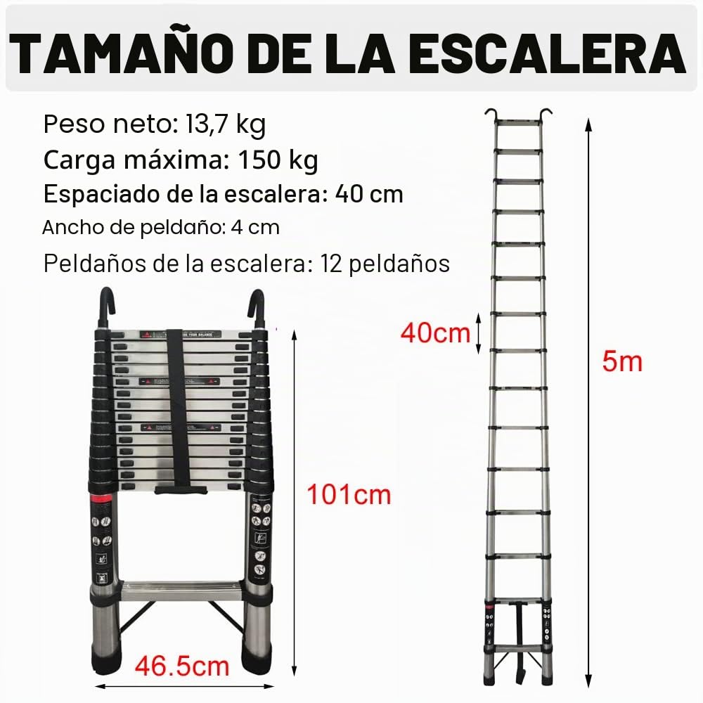 Escalera telescópica de acero inoxidable Rigogo de 5 m con 2 ganchos, escalera extensible antideslizante para ático, escalera de atraque, 14 peldaños, fácil de transportar, capacidad de carga de 150