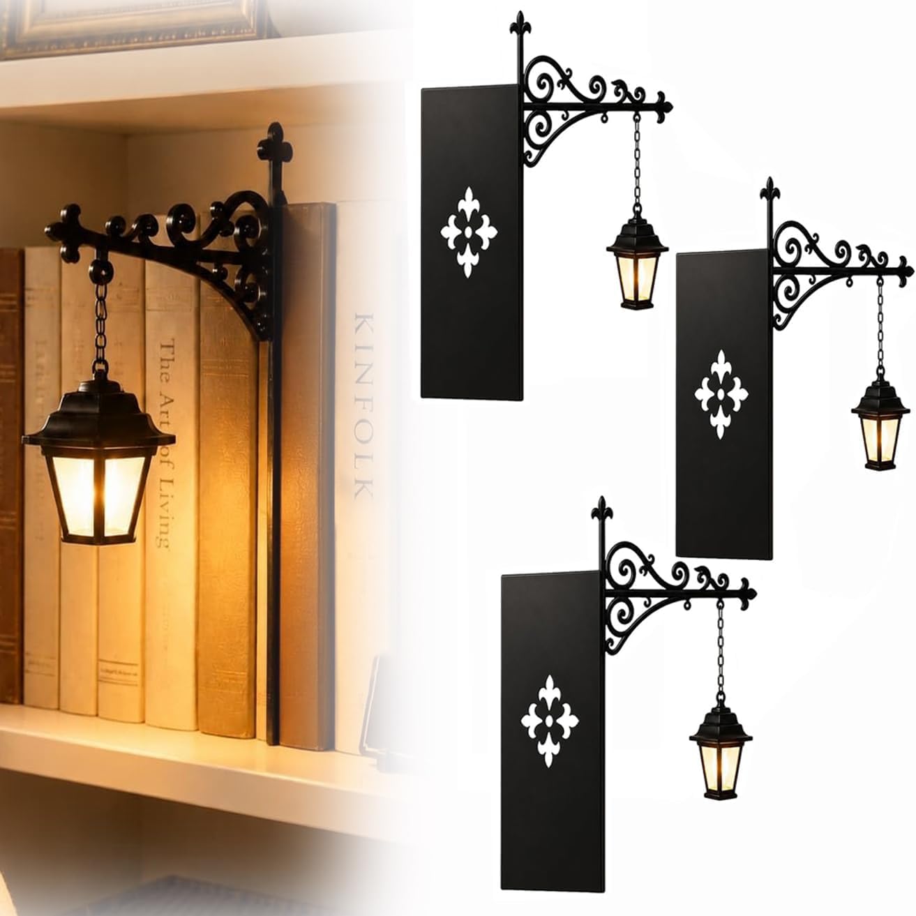 Library Lantern Decorative Bookshelf Lighting, Reading Bookshelf Lamp, Antique Led Bookcase Lights for Bookworms Study Reading Corner Home Library, Unique Gift for Book Lovers (3pcs)
