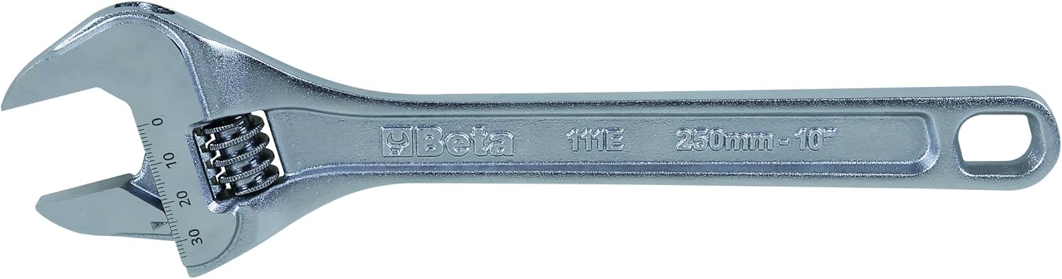 Beta 111E Adjustable Wrench 300mm | 15 Angled Head | Wide Jaw Opening | Lightweight Ergonomic Design | Matte Chrome Finish | Dual mm/Inch Laser Markings | High-Performance Alloy Steel