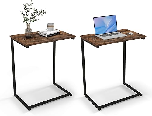 Miniatura 9 de GOFLAME Mesa auxiliar de sofá, mesa auxiliar en forma de C con parte superior de madera y marco de acero resistente, mesa de sofá industrial para