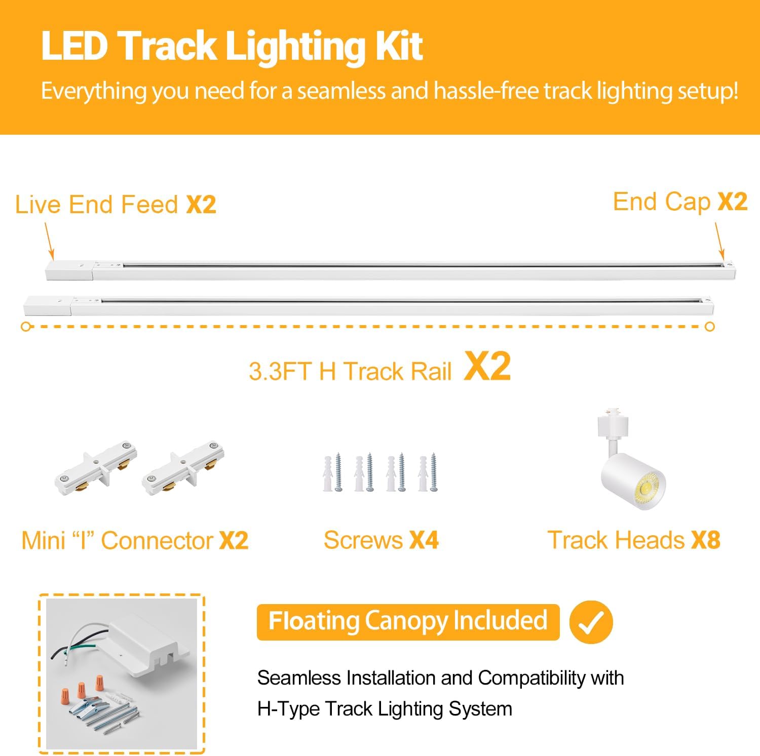 VANoopee 8-Light LED Track Lighting Kit with 6.6FT H Type Track Rails and Floating Canopy Connector, Dimmable Track Light Heads Bright Ceiling Spotlight Fixture, 3000K Warm White, No Flicker 10W 800lm