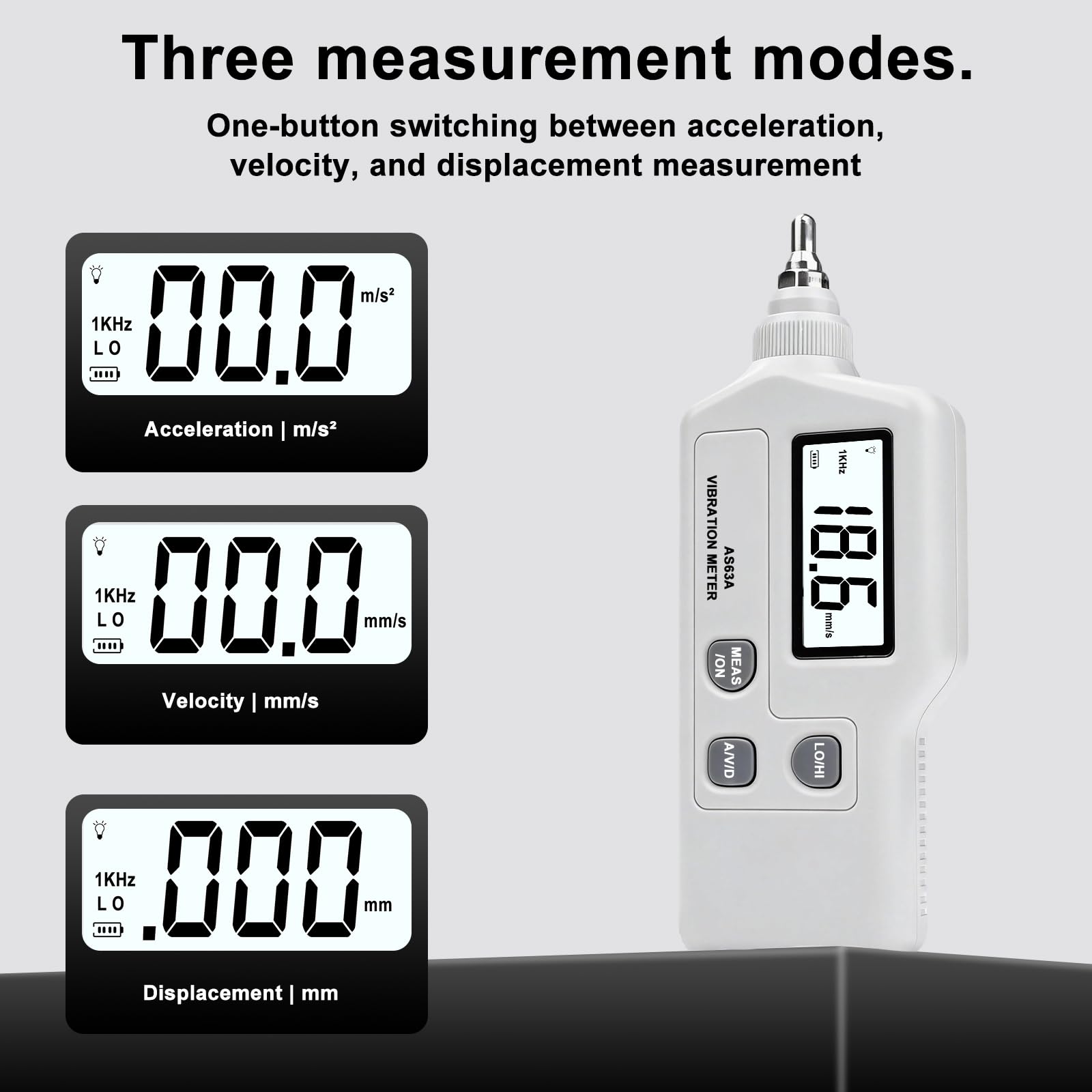 AS63A Misuratore di Vibrazioni Digitale, Analizzatore di Vibrazioni con Display LCD, misura di accelerazione velocità e spostamento, con sonda ad alta precisione