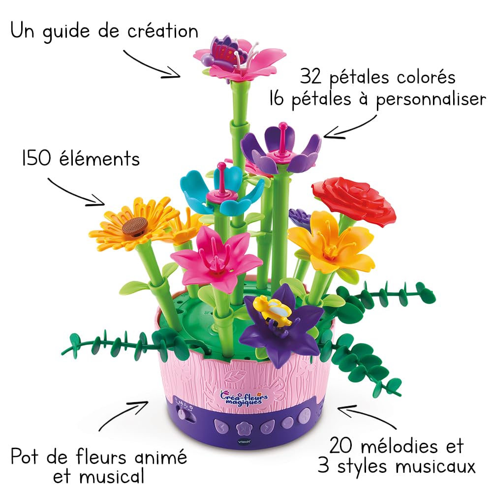 VTech - Créa-Fleurs Magiques, Atelier Créatif Enfant, Bouquet de Fleurs Musical Fabriqué avec des Matériaux Plus Durables, Loisir Créatif, Cadeau Enfant de 4 Ans à 10 Ans - Contenu en Français