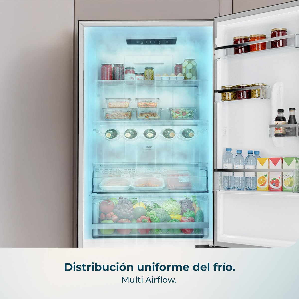 Cecotec Frigorífico Combi Total No Frost de 322L Bolero CoolMarket Combi 322i WD Inox E. 185,5 cm de Alto, 59,5 cm de Ancho, Clase E, Tecnología Multi Airflow, HumidityFlex HUB, LED Interior, Inox