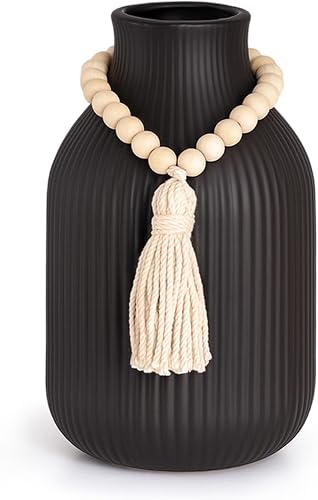 JOHOUSE Black Ceramic Vase, 7.9 Inch Flower Vase for Pampas Grass | Modern Minimalist Ribbed Decorative Vase with Wooden Beads Tassel for Living Room Entryway Farmhouse Office Wedding