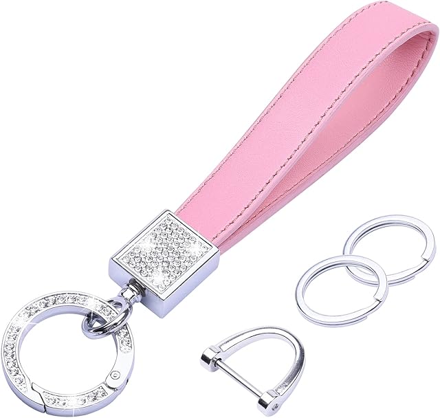 wisdompro Crystal Car Keychain for Women, Genuine Leather Key FOB Keychain Key Chain Accessories with Bling Rhinestones and 2 Key Rings for Car Key FOB