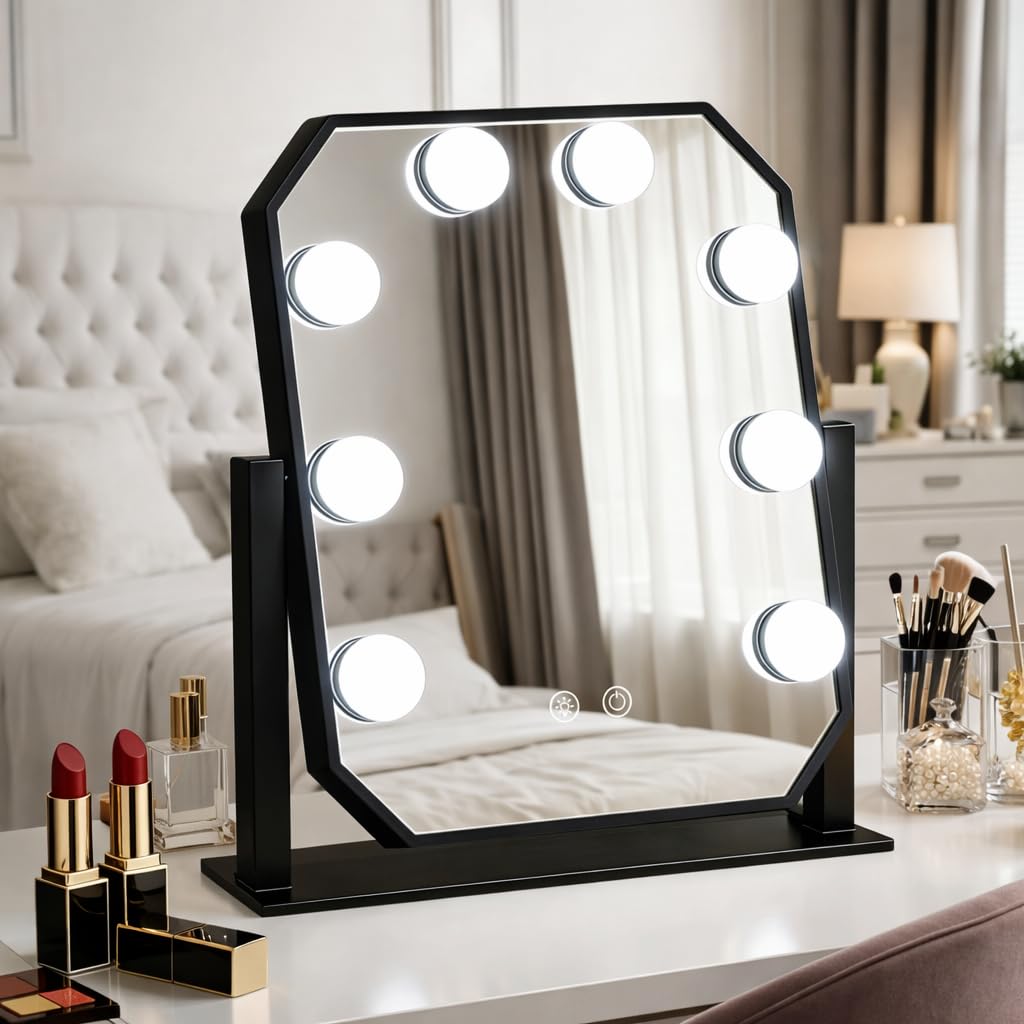 Vanity Mirror with Lights - 11.8"x9.8" Hollywood Makeup Mirror with Dimmable LED Bulbs, 3 Color Modes, Smart Touch Control, Desktop Mirror for Bedroom Dressing Table, Gift for Women Girls (Black)