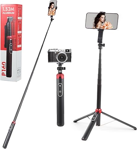 Miniatura 8 de Trípode de teléfono de 60 pulgadas y palo para selfie, trípode extensible portátil para teléfono, soporte de trípode de aleación de aluminio con