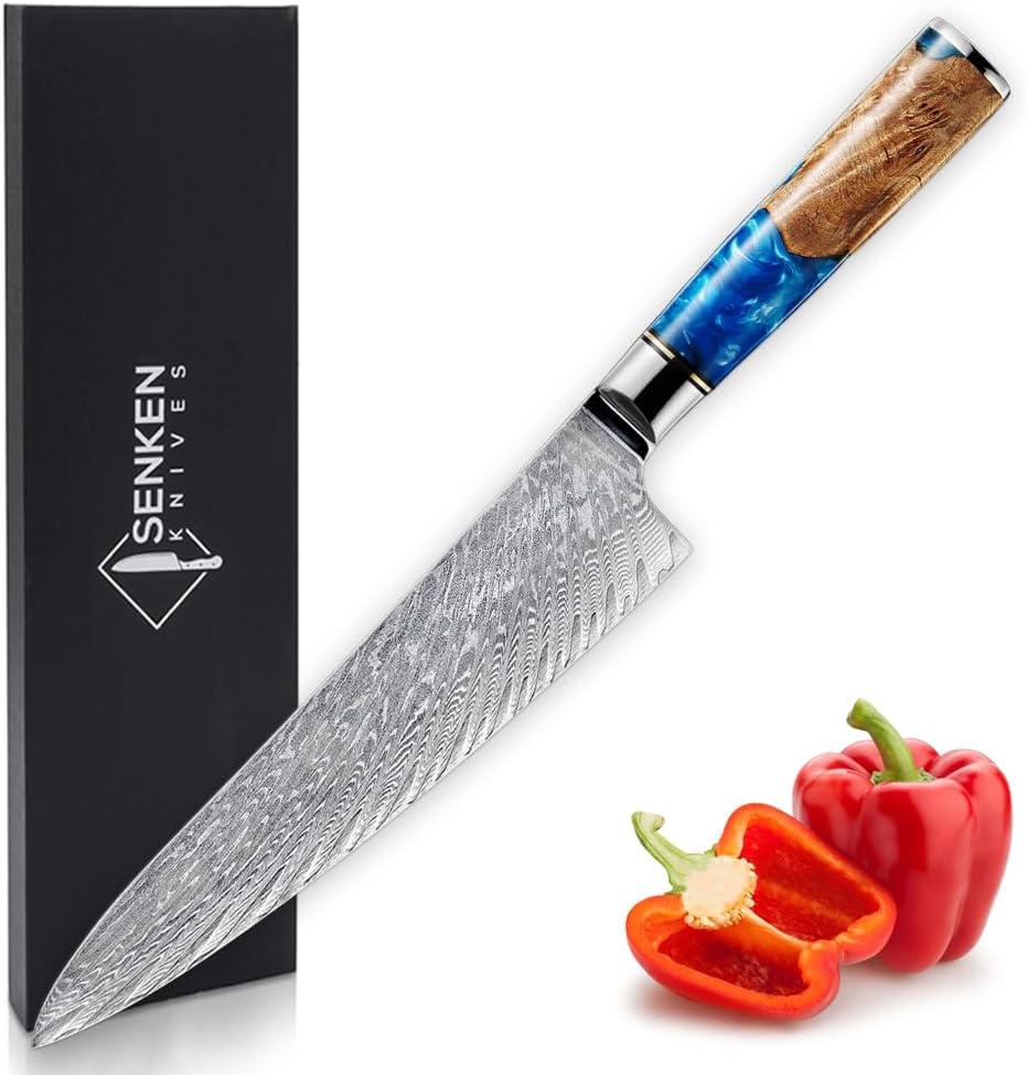 SENKEN Damascus Steel Chef's Knife - Tsunami Collection - 67-Layer Japanese VG10 Steel Core - Unique Blue Resin & Natural Wood Handle, Razor Sharp, Beautiful Damascus Wave Pattern (Red)