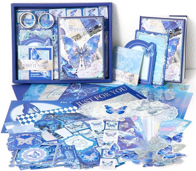 RUJVE Scrapbook Stickers Pack, Art Journal Kit, Bullet Junk Journal Planners DIY Decoration Paper Stickers Craft Kits Notebook Album Aesthetic Tape,Journaling Gift for Girl (Blue Butterfly Scrapbook) 1