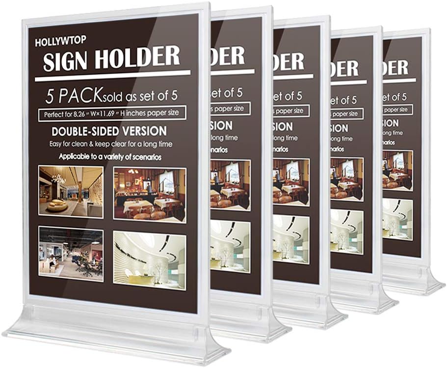 HOLLYWTOP Sign Holder, A4 Display Stand, Double-Sided Clear Plastic Menu Holders A4 Poster Stand A4 Perspex Display Stand for Tables, Restaurants, Exhibition, Multiple Photo Frames,21 x 29.7cm-5 Pack