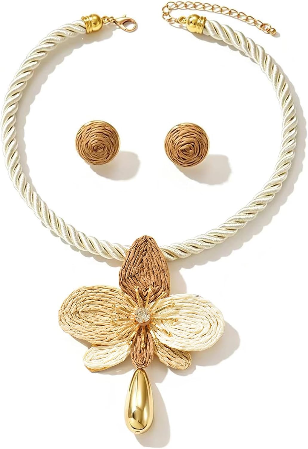 Raffia Flower Jewelry Set Boho Raffia Necklace and Earrings Set, Bohemian Braided Handwoven Choker with Teardrop Pendant, Summer Tropical Jewelry Set for Women
