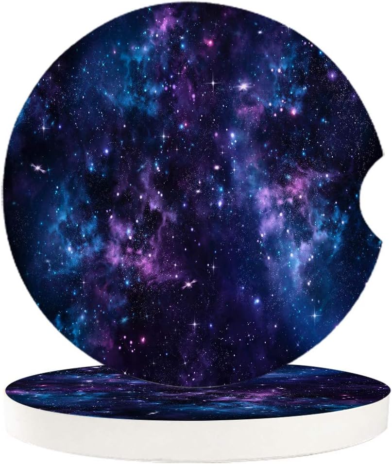 Absorbent Ceramic Car Coasters Purple Galaxy Car Accessories Galaxy Star Space Starry Sky Drink Coaster Cup Holders with A Finger Notch for Easy Removal of Auto Cupholder Set of 4 Pack,Blue Purple