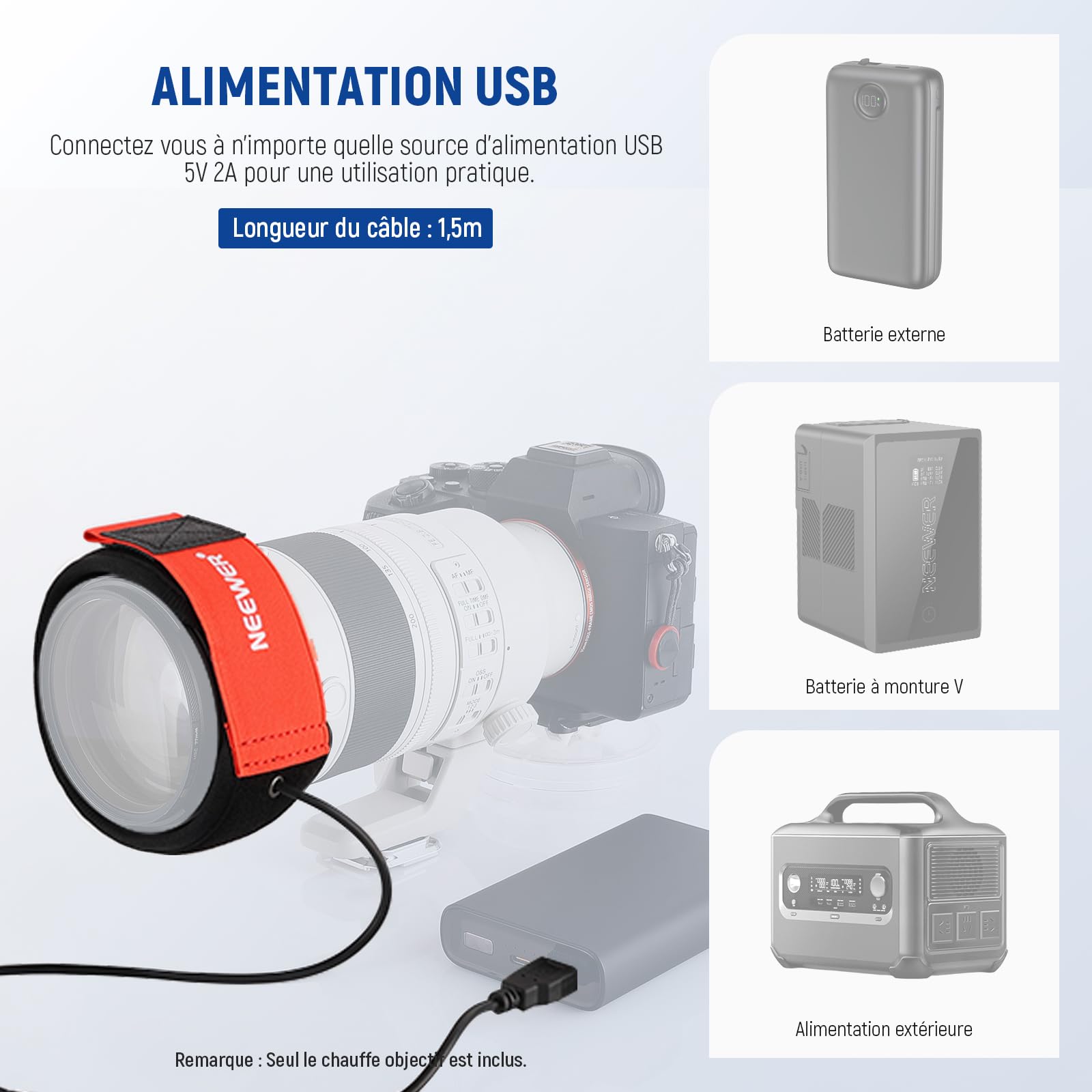 NEEWER Chauffe-Objectif USB 500 mm avec 3 réglages de température, Bande chauffante Anti-rosée pour Appareil Photo Reflex numérique sans Miroir, télescope, astrophotographie, jumelle, HW-20B