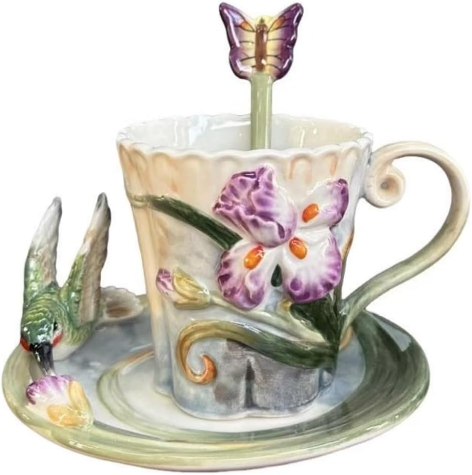 Minigift Ceramic Tea Cup and Saucer Set ，6OZ 3D Hand-painted Hummingbird and Flower Coffee Mug，Gift for Women