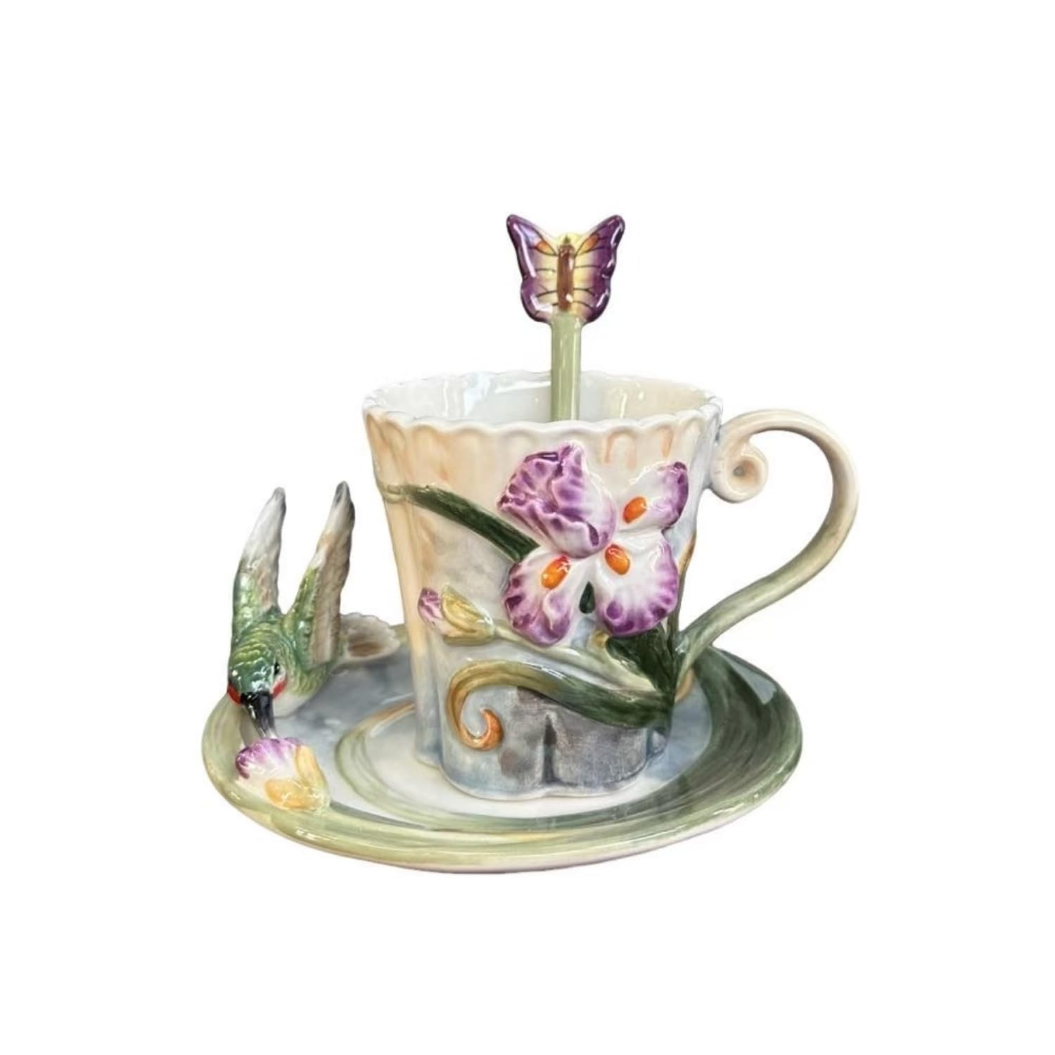 Minigift Ceramic Tea Cup and Saucer Set ，6OZ 3D Hand-painted Hummingbird and Flower Coffee Mug，Gift for Women
