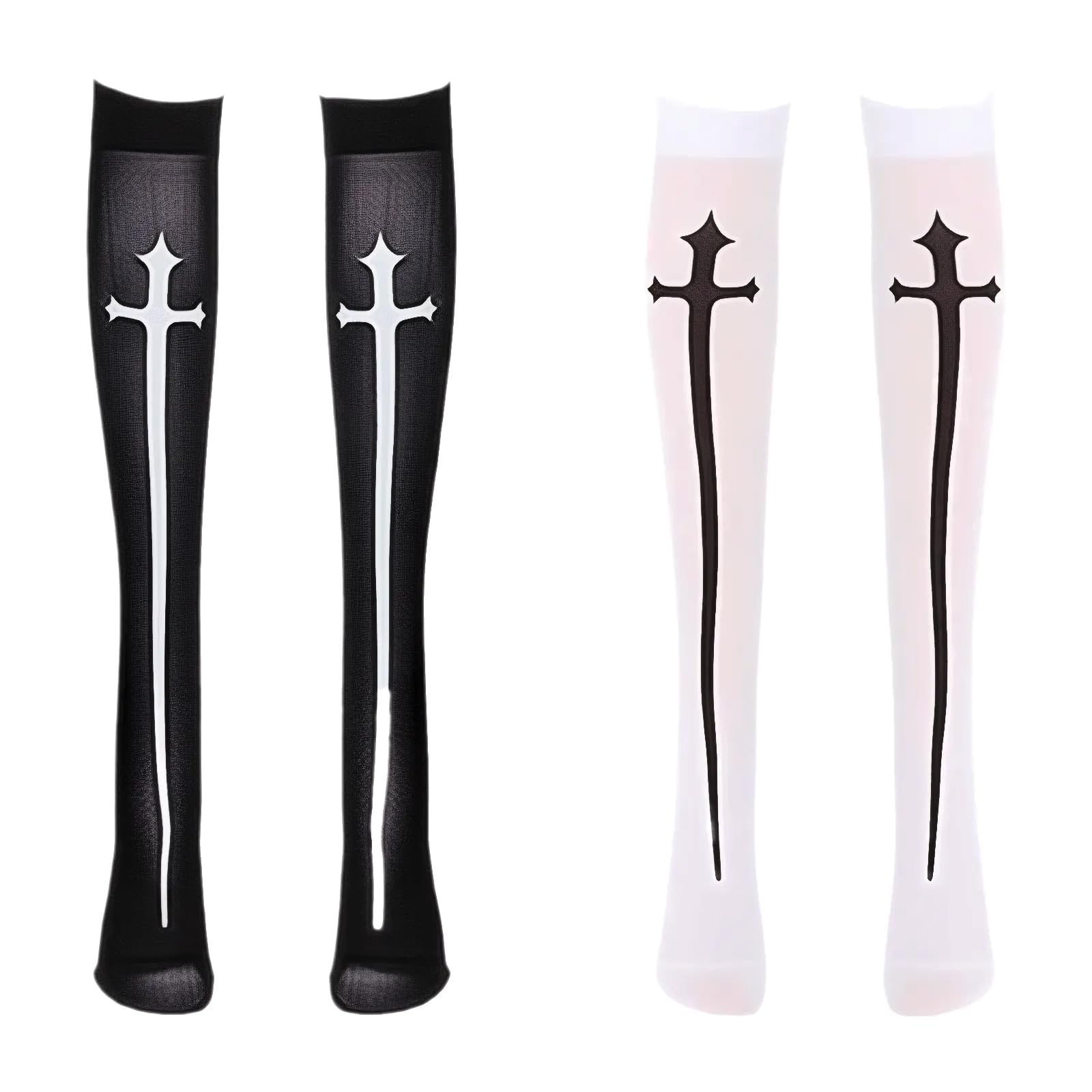 MEISH 2 Pairs Halloween Knee-Length Stockings White & Black Gothic Cross Thigh High Stockings Nun Socks Halloween Costume Accessories for Women