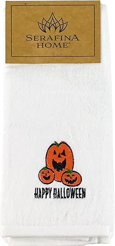 Miniatura 5 de Juego de 2 toallas de mano de baño de Halloween, 100% algodón, calabaza Jack-O'-Lantern de 16 x 25 pulgadas, decoración navideña decorativa