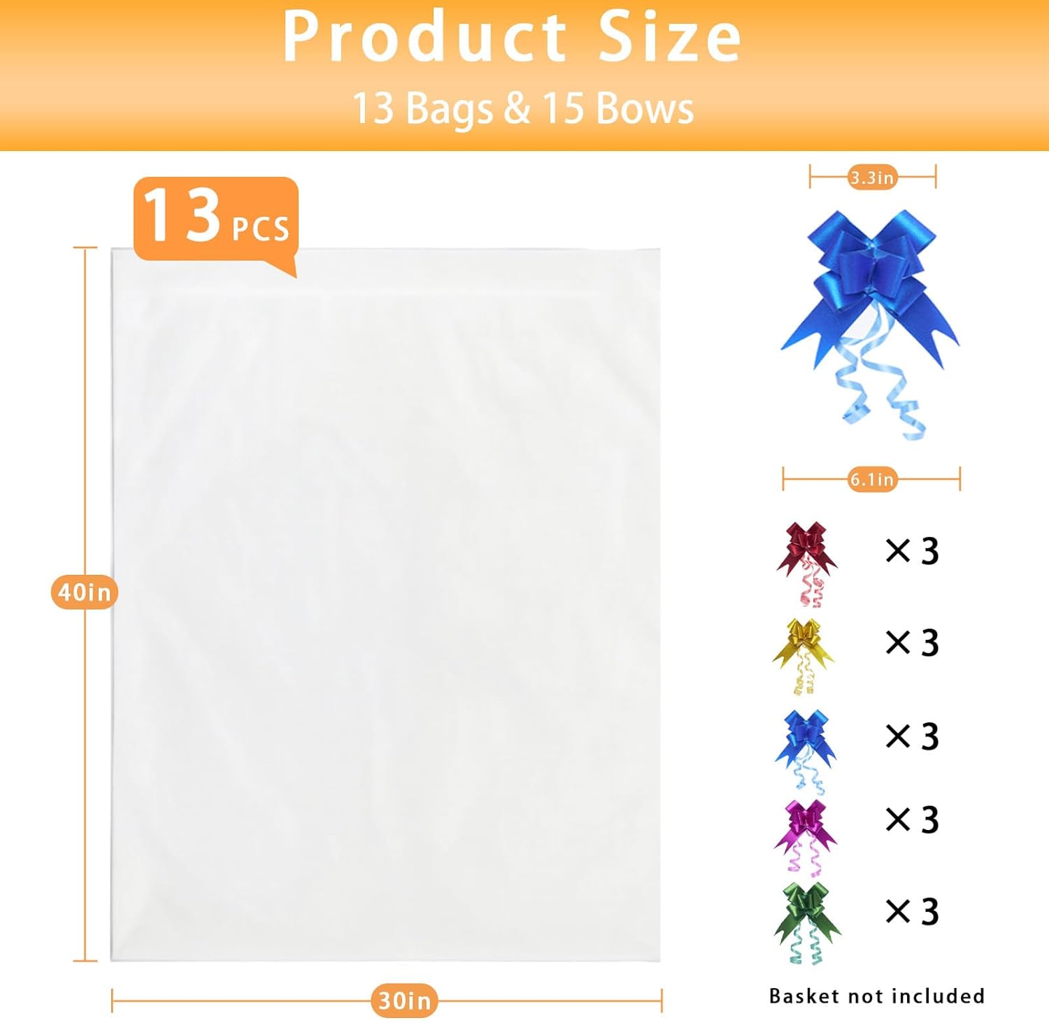 Volokitx 13-Pack 30x40 Inch Clear Cellophane Bags with 15 Colorful Pull Bows, Large Cellophane Wrap for Gift Baskets, Baby Showers, Raffles, and Charity Auctions. - Image 2