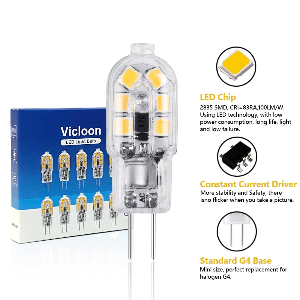 Vicloon G4 LED-lamp, [pak van 10] LED-lamp G4 LED-lamp transparant warm wit 2W 130lm vervanging voor 15W halogeenlampen 12V AC/DC, 3000K, 360 graden stralingshoek gloeilamp