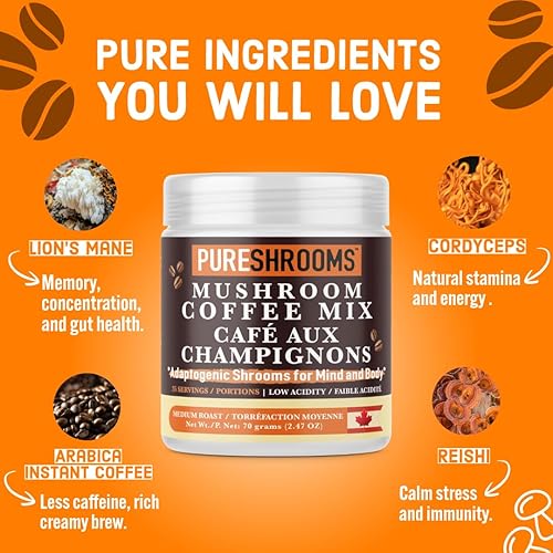 Miniatura 4 de PureShrooms Café orgánico de champiñones, tostado medio, melena de león orgánica, reishi y Cordyceps, alternativa sustitutiva del café, suplemento