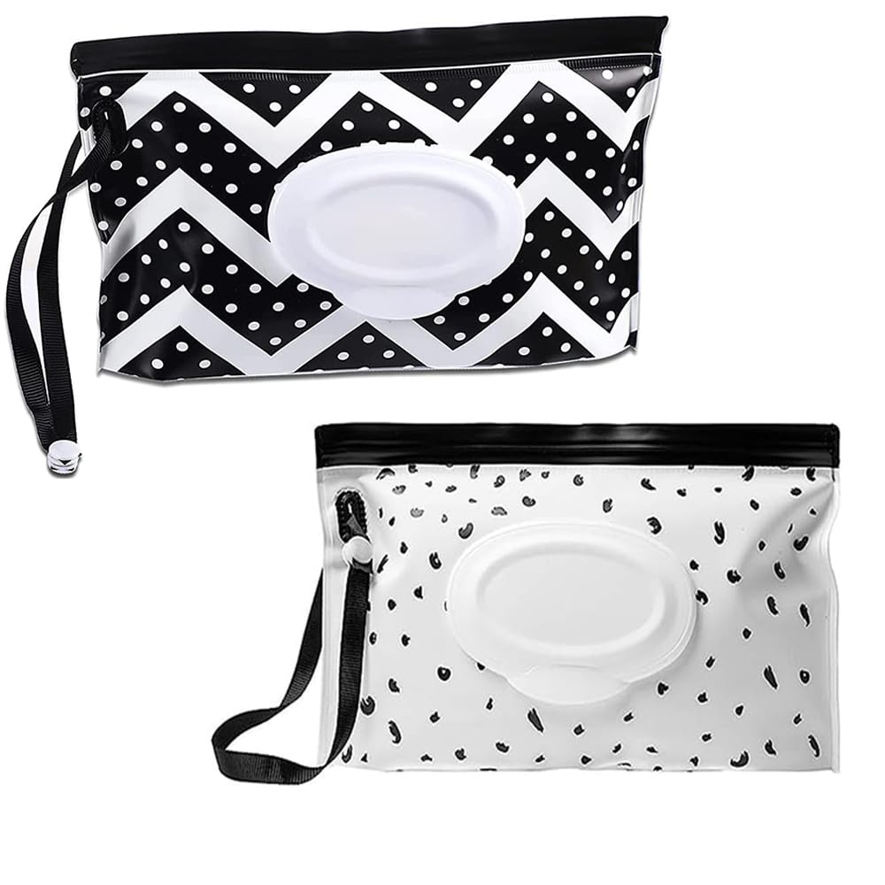 Wet Wipes Bag for Babies - 2pcs Reusable Wet Wipe Bags - Wet Wipes Bag for On The Go,Baby Wet Wipe Pouch - Portable Wet Wipe Bag,Baby Wet Wipe Pouch,Reusable Wet Wipe Pouch (B+W)