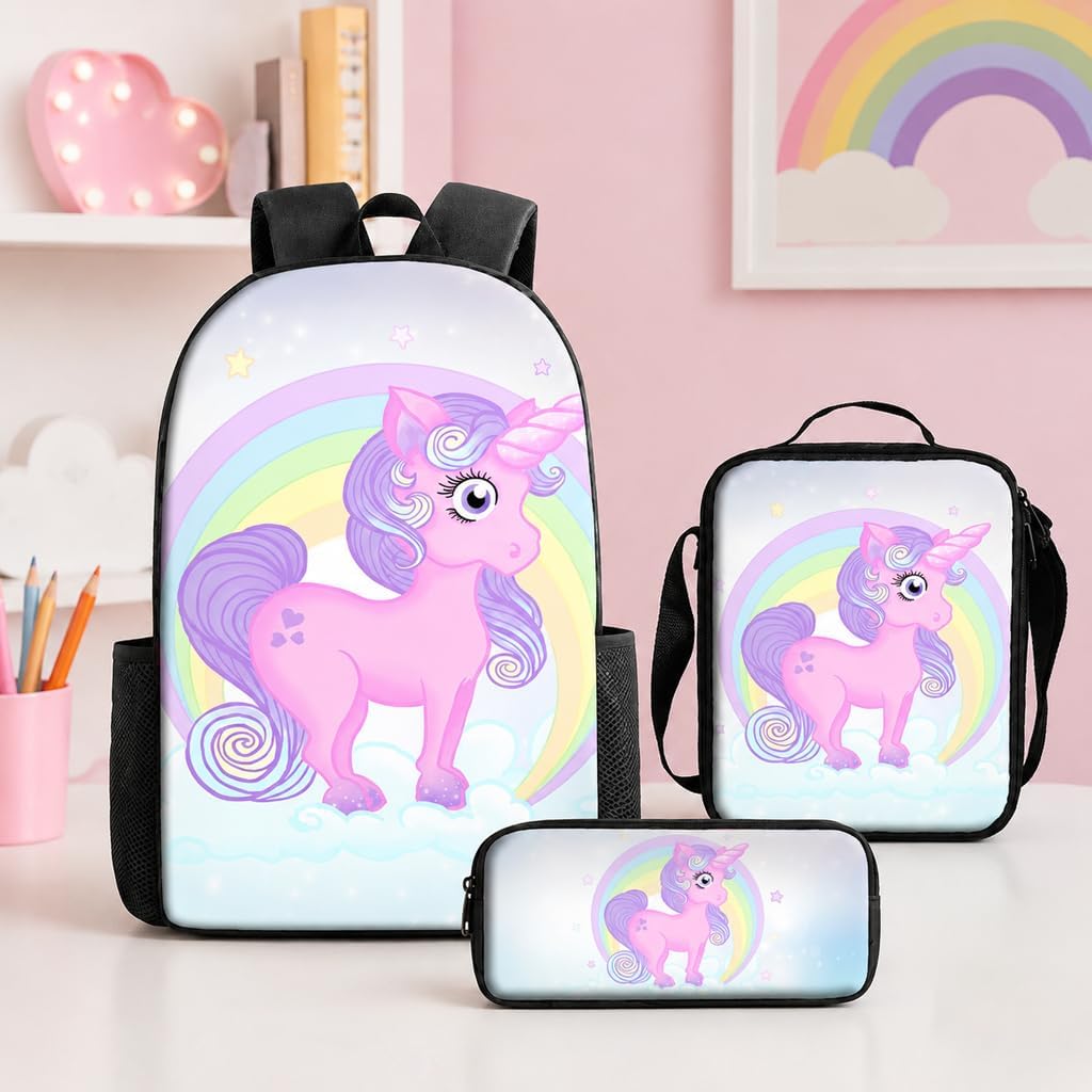 3 in 1 Large Cute Backpack Bundle, Stylish Trendy Unicorn Printed Backpack with Crossbody Bag and Storage Pouch, Large Capacity Casual Daypack for Youngsters Daily Travel