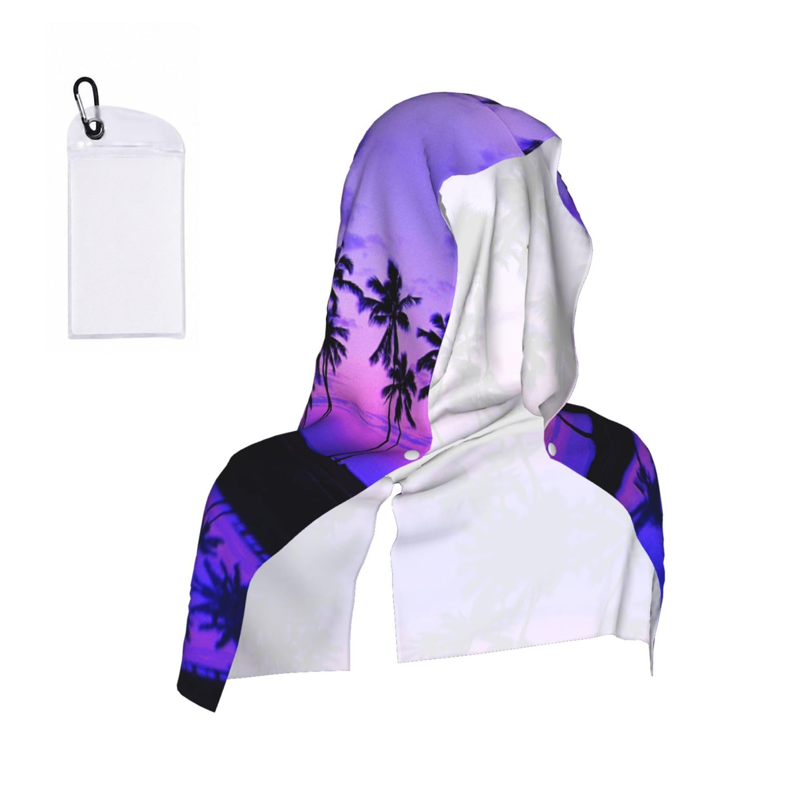SATUSA Palm Tree Purple Sunset Print Cooling Hoodie Towel, Cooling Towels For Neck And Face, Quick Drying Absorbent Cooling Head Towel Beach Camping Gym Construction(2pcs)