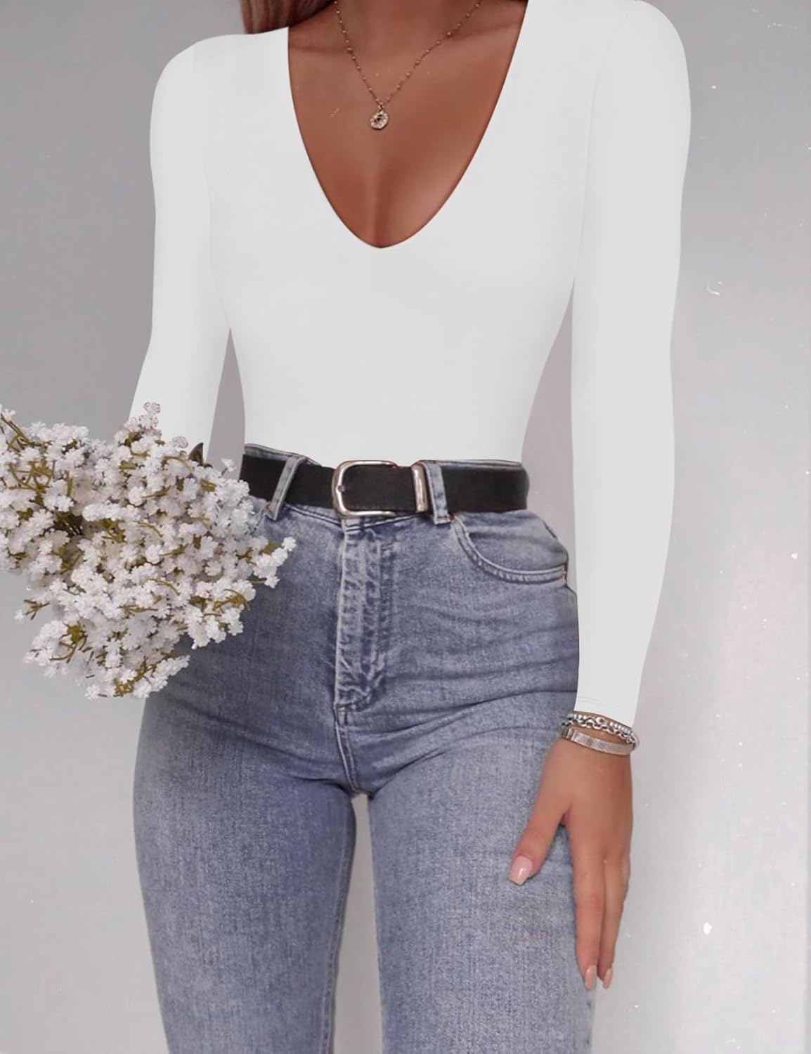 SAUNGKUAI Women's Plunge Deep V Neck Long Sleeve Bodysuit Double Lined Thong Body Suit Shirt Tops - Image 4