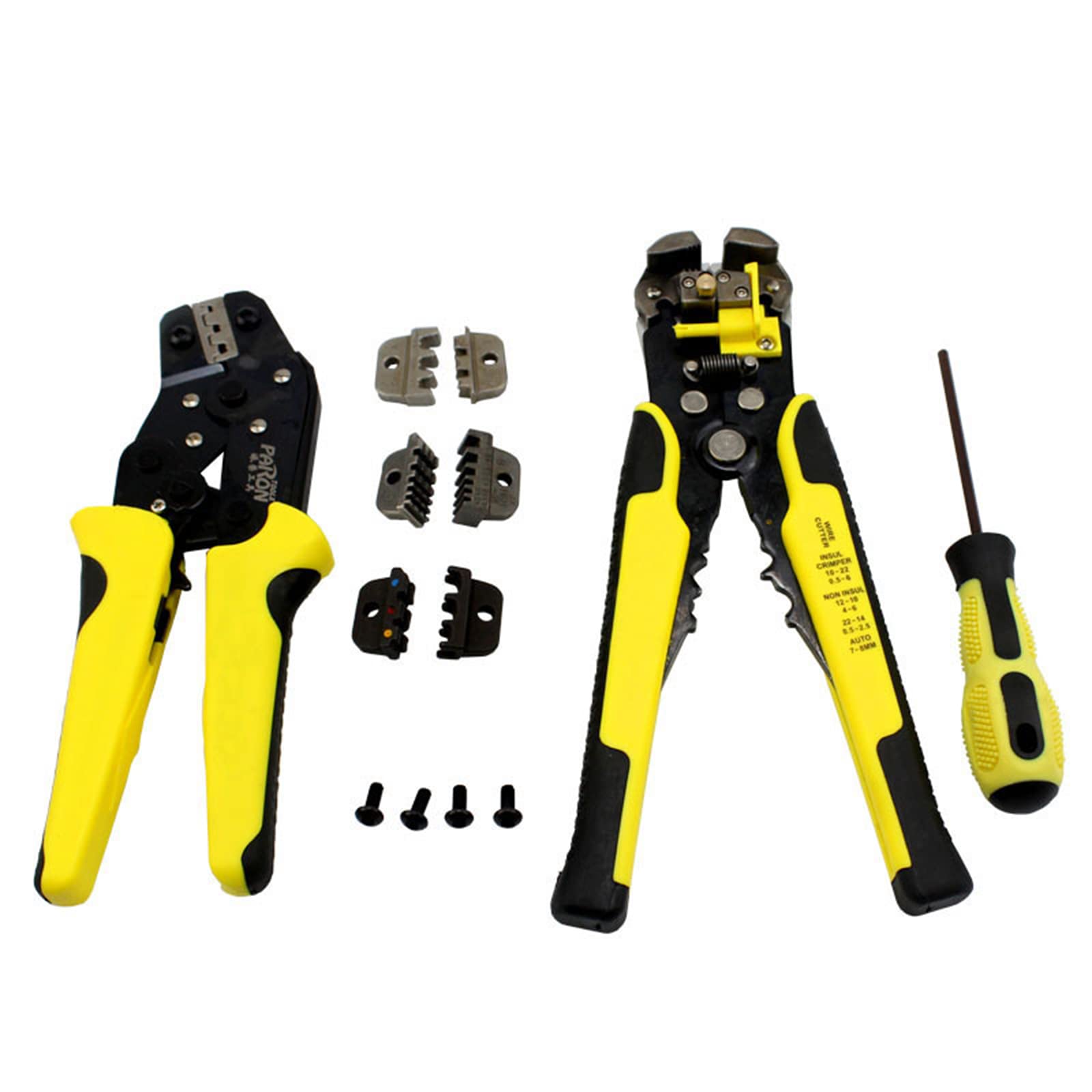 Kit de herramientas de crimpado de trinquete 8 piezas - Alicates de crimpado + pelacables + 4 piezas de herramientas de crimpado de troquel intercambiables + bolsa de lona + destornillador