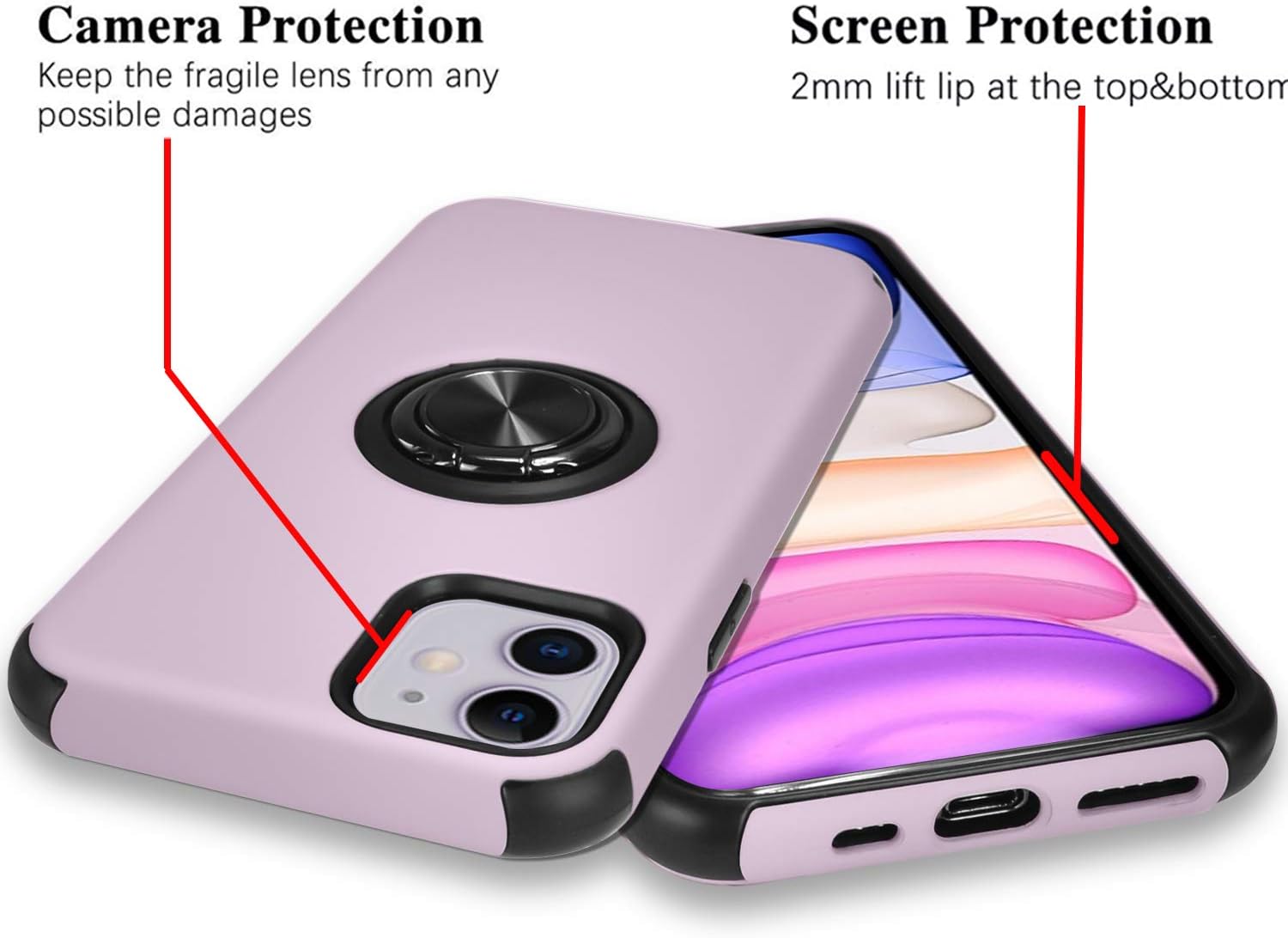 Ownest Compatible iPhone 11 Case with Armor Dual with Ring Kickstand Fit Magnetic Car Mount and Heavy Duty Protection 2 in 1 for iPhone 11-Purple