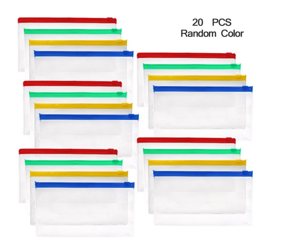 MMBOX 20pcs Plastic Transparent Envelopes with Zipper,A6 Size,Ramdom Zipper Colors