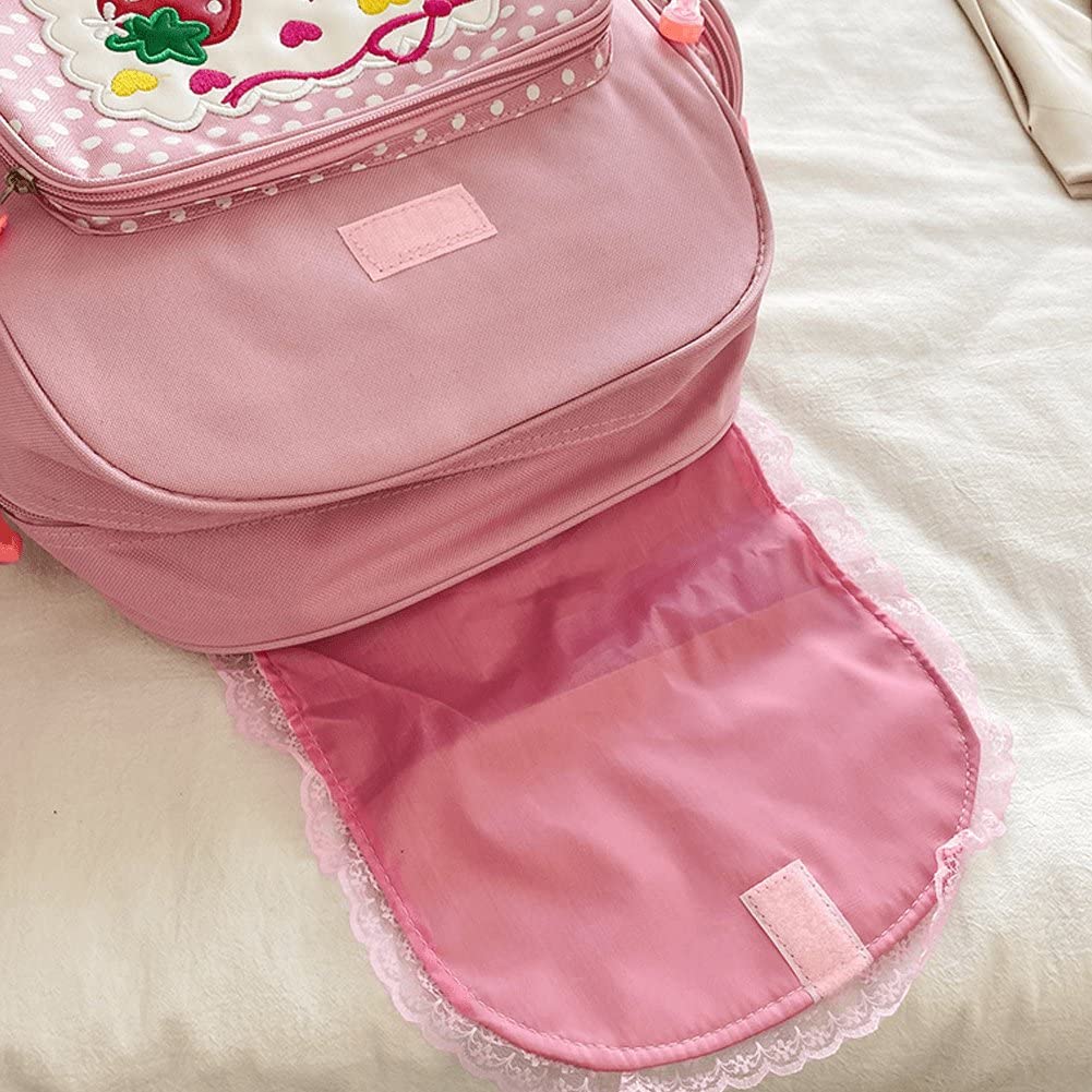 Plecak w stylu japońskim Kawaii z haftowanym truskawkowym szyciem, mini plecak z koronkowym wzorem truskawki, uroczy plecak szkolny dla dziewczynki