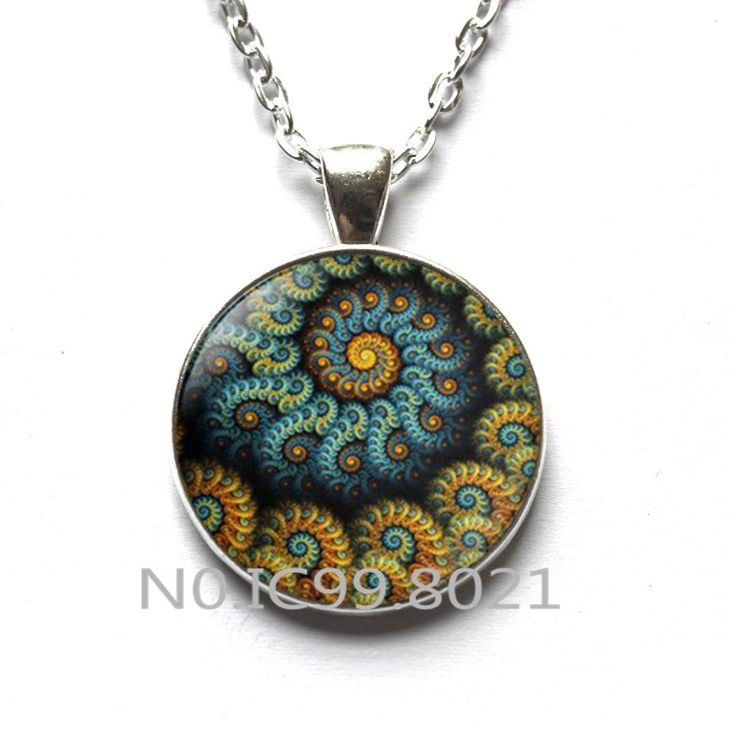 maoqunza Aqua Fractal Necklace, Sacred Geometry Pendant, Turquoise Aqua Pendant, Flourish Swirls Fibonacci Spiral Swirl Jewelry Aqua Necklace ，Q0170
