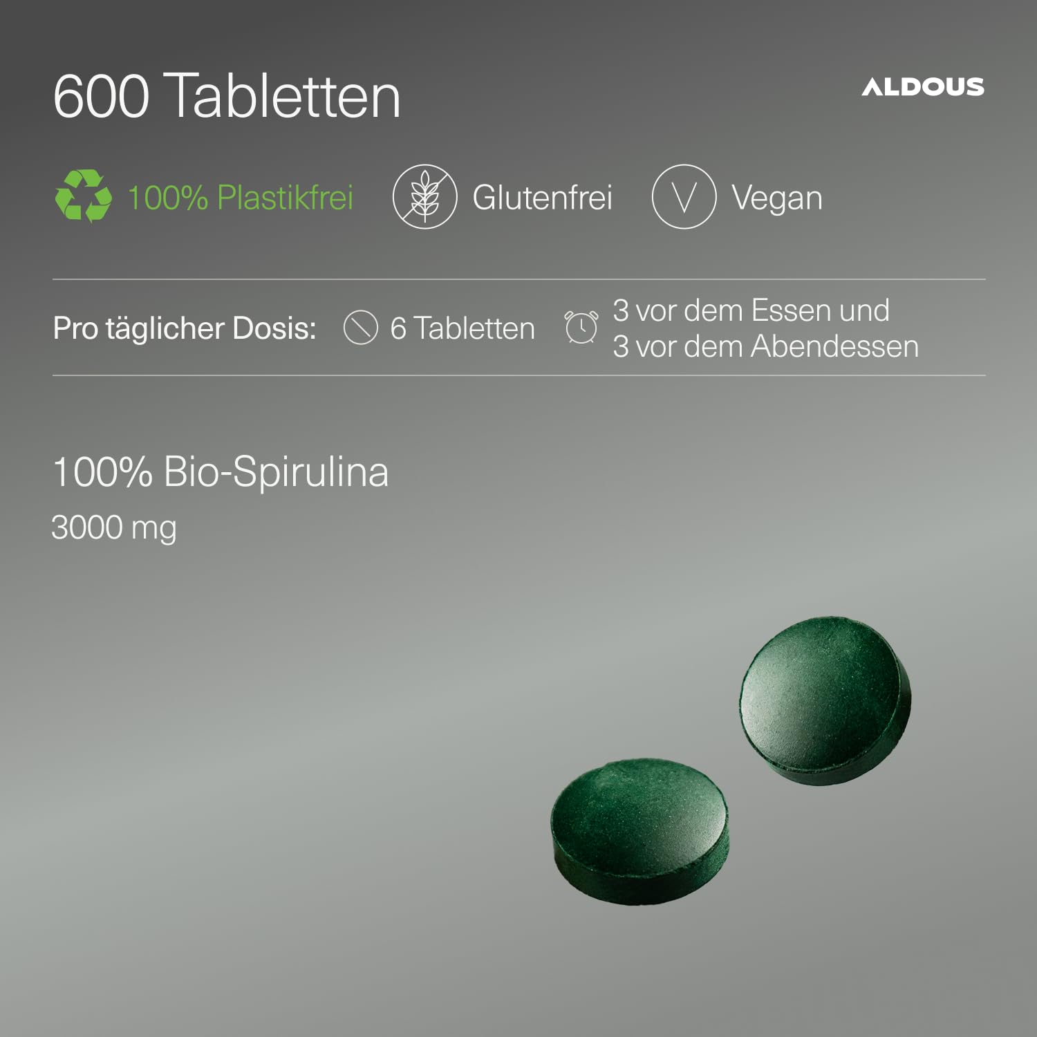 Bio Spirulina Tabletten - 600 Tabletten, Hochdosiert, 3000mg pro Tagesdosis - 100% Natürlich Sättigend - DETOX - Vegan Protein - Antioxidans - Energie Booster - Plastikfrei - ALDOUS