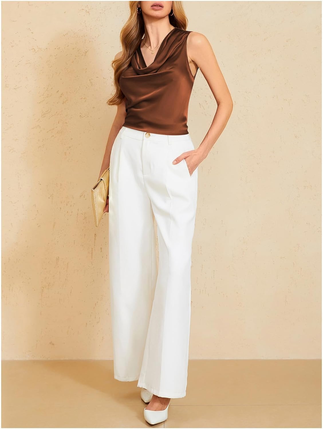 MakeMeChic Women's Draped Cowl Neck Camisole Silk Satin Tank Tops Office Work Shirt Summer Blouse - Image 4